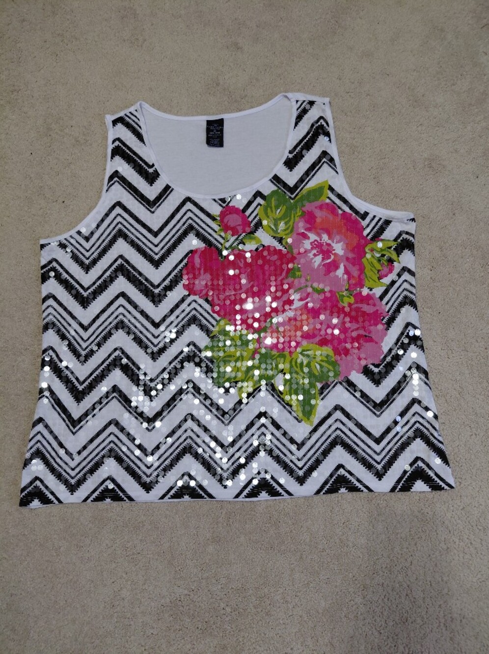 Faded Glory Black & White Chevron Tank with Pink Floral Sequin Accent